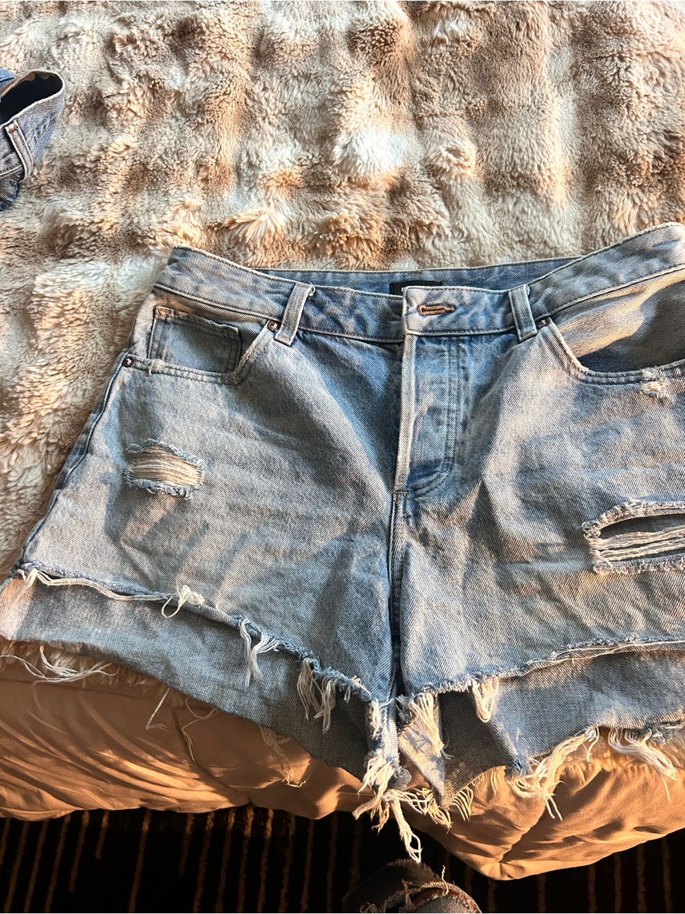 Express High-Rise Light Blue Distressed Denim Shorts - Women's Jean Cutoffs